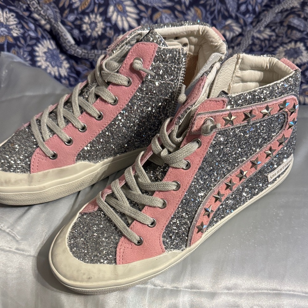 NEW Vintage Havana ladies Glitter High-Top Sneakers with Pink Accents